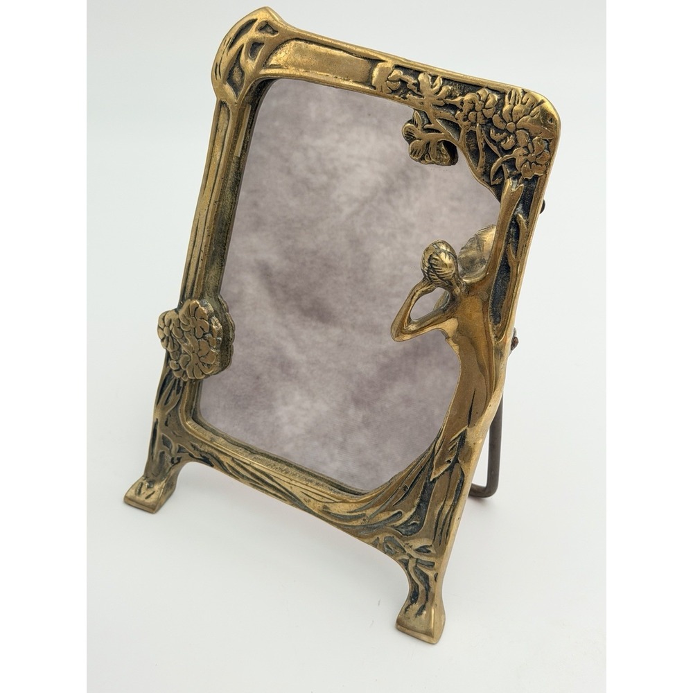 Art Nouveau Style Brass Tabletop Easel Mirror 8" Floral Figure Vanity Decor